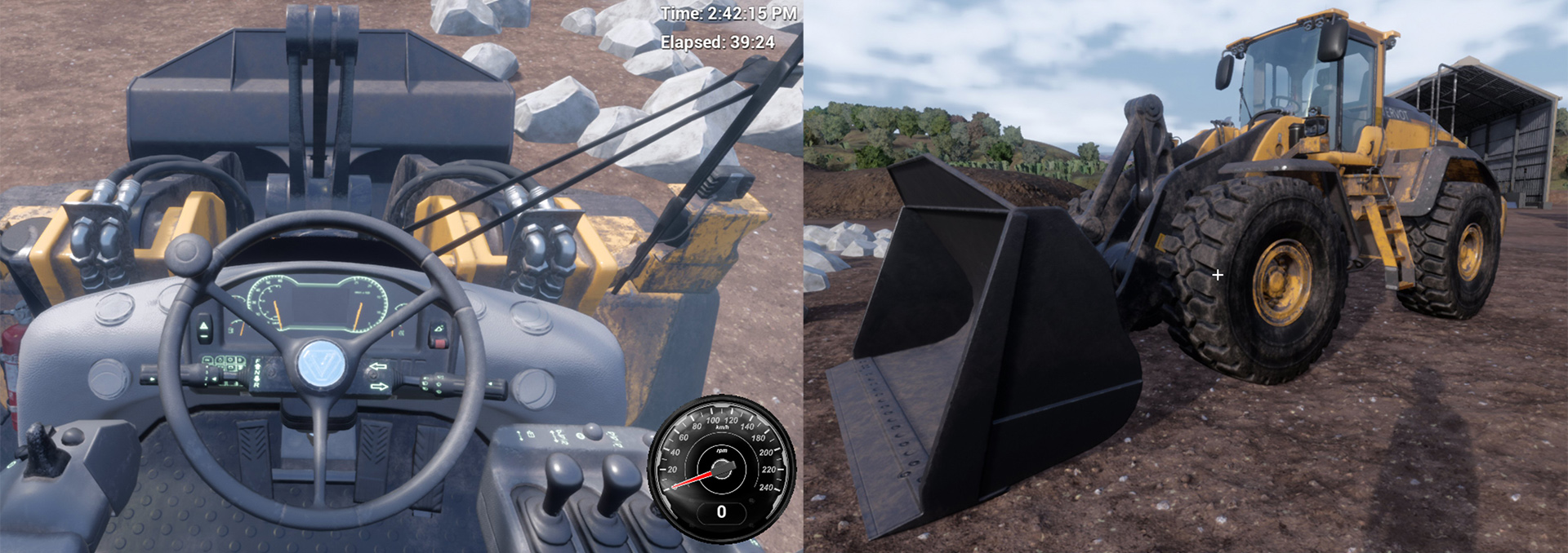 Simulated loader cockpit and exterior in computer-based serious game