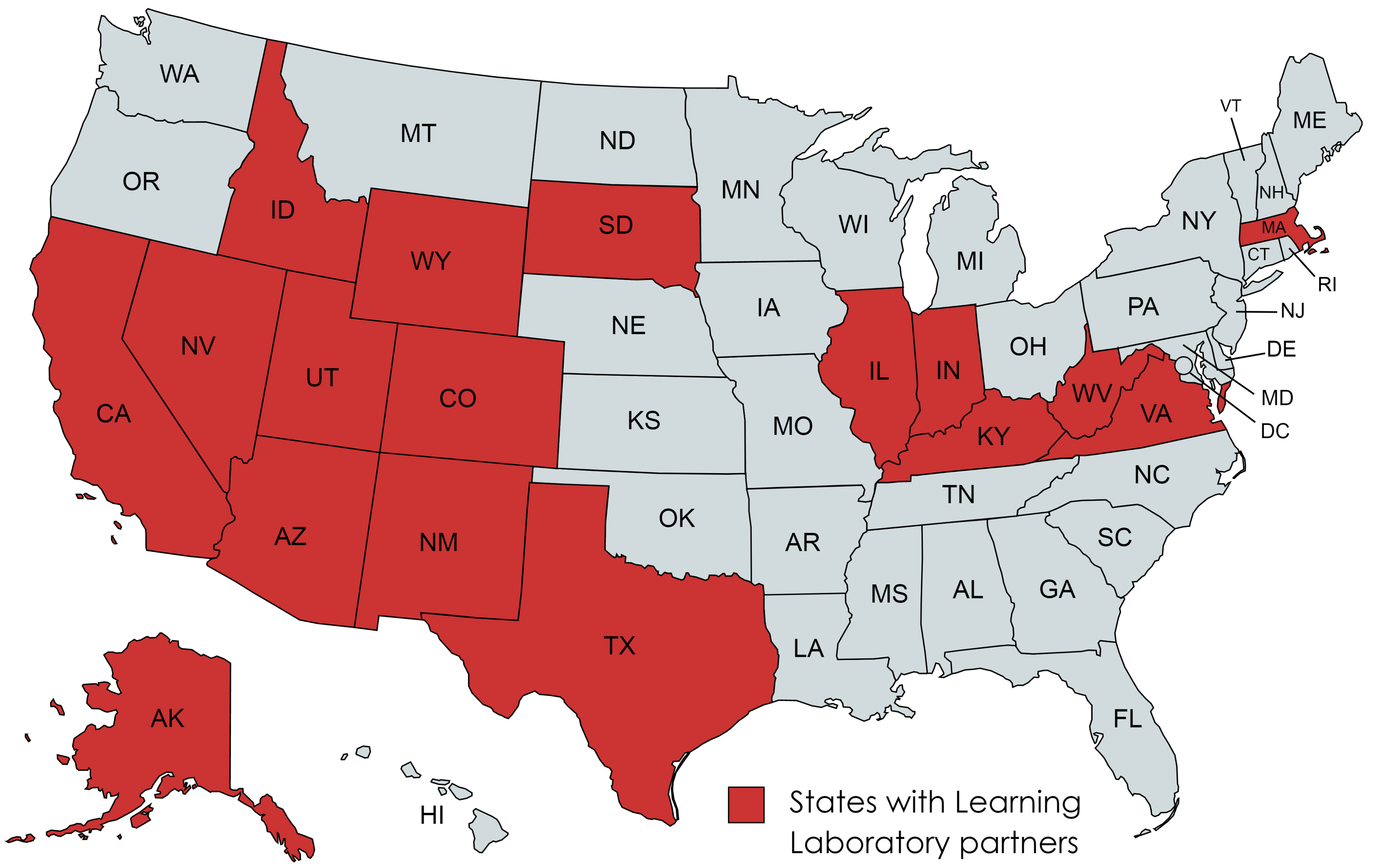 Map of U.S. with states represented by training partners highlighted in red.