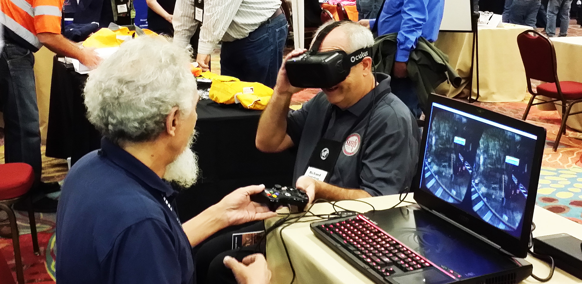 A user explores a serious game using a virtual reality head mounted display